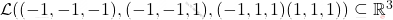 \mathcal{L}((-1,-1,-1), (-1,-1,1),(-1,1,1) (1,1,1))\subseteq \mathbb{R}^3