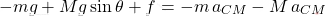 \begin{equation*} -mg + Mg \sin \theta + f = -m \,a_{CM} - M \,a_{CM} \end{equation*}