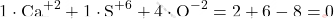 \[ 1 \cdot \text{Ca}^{+2} + 1 \cdot \text{S}^{+6} + 4 \cdot \text{O}^{-2} = 2 + 6 - 8 = 0 \]