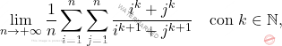 \begin{equation*} 		\lim_{n\to+\infty}\dfrac{1}{n}\sum_{i=1}^{n}\sum_{j=1}^{n}\dfrac{i^k+j^k}{i^{k+1}+j^{k+1}}\quad \text{con}\,\,k\in\mathbb{N}, 	\end{equation*}