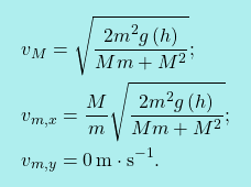 \[\boxcolorato{fisica}{ \begin{aligned} & v_M= \sqrt{\dfrac{2m^2g\,(h)}{Mm+M^2}};\\ & v_{m,x}=\dfrac{M}{m}\sqrt{\dfrac{2m^2g\,(h)}{Mm+M^2}};\\ & v_{m,y}=0\,\text{m}\cdot \text{s}^{-1}. \end{aligned}}\]