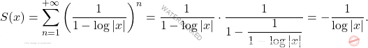 \[S(x)=\sum_{n=1}^{+\infty}\left(\dfrac{1}{1-\log|x|}\right)^n=\dfrac{1}{1-\log|x|}\cdot\dfrac{1}{1-\dfrac{1}{1-\log|x|}}= 	-\dfrac{1}{\log|x|}.\]