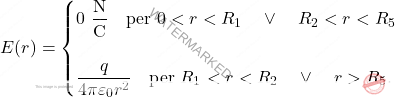 \begin{equation*} E(r)=\begin{cases} 0\,\,\dfrac{\text{N}}{\text{C}}\quad \text{per}\,\,0<r<R_1\quad \vee \quad R_2<r<R_5\\\\ \dfrac{q}{4\pi\varepsilon_0r^2}\quad \text{per}\,\,R_1<r<R_2\quad \vee \quad r>R_5.	 \end{cases} \end{equation*}