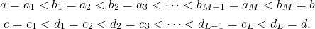 \begin{equation*} \begin{gathered} a=a_1 < b_1=a_2 < b_2=a_3 < \dots < b_{M-1}=a_M < b_M =b \\ c=c_1 < d_1=c_2 < d_2=c_3 < \dots < d_{L-1}=c_L < d_L =d. \end{gathered} \end{equation*}