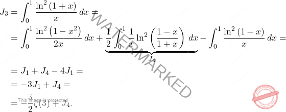 \[\begin{aligned} 		J_3&=\int_{0}^{1}\dfrac{\ln^2\left(1+x\right)}{x}\,dx=\\ 		&=\int_{0}^{1}\dfrac{\ln^2\left(1-x^2\right)}{2x}\,dx+\underbrace{\dfrac{1}{2}\int_{0}^{1}\frac{1}{x} \ln^2\left(\frac{1-x}{1+x}\right)\,dx}_{J_4}-\int_{0}^{1}\dfrac{\ln^2\left(1-x\right)}{x}\,dx=\\ 		&=J_1+J_4-4J_1= 		\\ 		&= 		-3J_1+J_4= 		\\ 		&= 		-\dfrac{3}{2}\zeta(3)+J_4. 	\end{aligned}\]