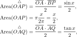 \[\begin{aligned} & \operatorname{Area}(\overset{\triangle}{OAP}) = \frac{\overline{OA} \cdot \overline{BP}}{2} = \frac{\sin x}{2}, \\& \operatorname{Area}(OAP) = \pi \frac{x}{2\pi} = \frac{x}{2}, \\& \operatorname{Area}(\overset{\triangle}{OAQ}) = \frac{\overline{OA} \cdot \overline{AQ}}{2} = \frac{\tan x}{2}, \end{aligned}\]