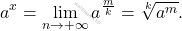 \begin{equation*} 			a^x  			= 			\lim_{n\to +\infty} a^{\frac{m}{k}} 			= 			\sqrt[k]{a^m}. 		\end{equation*}
