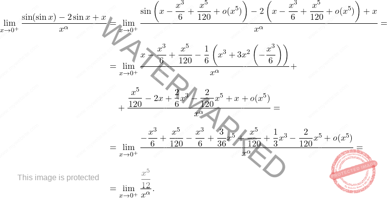 \begin{equation*} \begin{split} \lim_{x \to 0^+} \dfrac{\sin(\sin x) - 2 \sin x + x}{x^\alpha} &= \lim_{x \to 0^+} \dfrac{\sin\left( x - \dfrac{x^3}{6} + \dfrac{x^5}{120} + o(x^5) \right) - 2\left( x - \dfrac{x^3}{6} + \dfrac{x^5}{120} + o(x^5) \right) + x}{x^\alpha}= \\[10pt] &= \lim_{x \to 0^+} \dfrac{x-\dfrac{x^3}{6} + \dfrac{x^5}{120} - \dfrac{1}{6} \left( x^3 + 3x^2 \left( -\dfrac{x^3}{6} \right) \right)} {x^\alpha} +\\[10pt] &\quad +\dfrac{\dfrac{x^5}{120}-2x+\dfrac{2}{6}x^3-\dfrac{2}{120}x^5+ x + o(x^5)} {x^\alpha}= \\[10pt] &= \lim_{x \to 0^+} \dfrac{-\dfrac{x^3}{6} + \dfrac{x^5}{120} -\dfrac{x^3}{6}+\dfrac{3}{36}x^5+\dfrac{x^5}{120}+\dfrac{1}{3}x^3-\dfrac{2}{120}x^5+ o(x^5)}{x^\alpha}= \\[10pt] &= \lim_{x \to 0^+} \dfrac{\dfrac{x^5}{12}}{x^\alpha}. \end{split} \end{equation*}