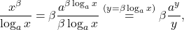 \begin{equation*} \frac{x^\beta}{\log_a x} = \beta \frac{a^{\beta \log_a x}}{\beta \log_a x} \overset{(y=\beta \log_a x)}{=} \beta \frac{a^{y}}{y}, \end{equation*}