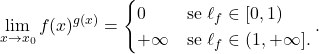 \begin{equation*} \lim_{x \to x_0}f(x)^{g(x)} = \begin{cases} 0							&	\text{se } \ell_f \in [0,1) \\ +\infty						&	\text{se } \ell_f \in (1,+\infty]. \end{cases}. \end{equation*}