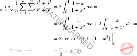 \[\begin{aligned} 		\lim_{n\to+\infty}\dfrac{1}{n}\sum_{i=1}^{n}\sum_{j=1}^{n}\dfrac{i^2+j^2}{i^3+j^3}&=2\int_{0}^{1}\dfrac{1+x}{1+x^{2}}\,dx= 		\\ 		&= 		2\int_{0}^{1}\dfrac{1}{1+x^{2}}\,dx+2\int_{0}^{1}\dfrac{x}{1+x^{2}}\,dx=\\ 		&=2\arctan x +\ln\left(1+x^2\right)\bigg\vert^1_0 		\\ 		&= 		\dfrac{\pi}{2}+\ln \left(2\right). 	\end{aligned}\]