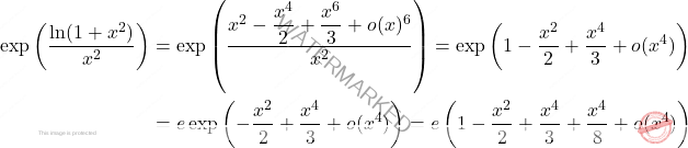 \[ \begin{aligned} \exp\left(\dfrac{\ln(1 + x^2)}{x^2}\right)&=\exp\left(\dfrac{x^2-\dfrac{x^4}{2}+\dfrac{x^6}{3}+o(x)^6}{x^2}\right)=\exp\left(1-\frac{x^2}{2}+\frac{x^4}{3}+o(x^4)\right)\\ &=e\exp\left(-\frac{x^2}{2}+\frac{x^4}{3}+o(x^4)\right)=e\left(1-\frac{x^2}{2}+\frac{x^4}{3}+\frac{x^4}{8}+o(x^4)\right) \end{aligned} \]