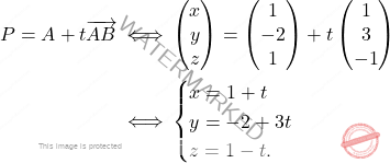 \[\begin{aligned} 	P=A+t\overrightarrow{AB} \iff& 	\begin{pmatrix} 	x\\y\\z 	\end{pmatrix}= 	\begin{pmatrix} 	1\\-2\\1 	\end{pmatrix} 	+t\begin{pmatrix} 	1\\3\\-1 	\end{pmatrix}\\ 	\iff&\begin{cases} 	x=1+t\\ 	y=-2+3t\\ 	z=1-t. 	\end{cases} 	\end{aligned}\]