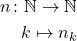\begin{equation*} 		\begin{split} 			&n\colon \mathbb{N}\to\mathbb{N}\\ 			&\,\quad k\mapsto n_k 		\end{split} 	\end{equation*}