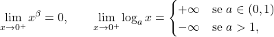 \begin{equation*} \lim_{x \to 0^+} x^\beta=0, \qquad \lim_{x \to 0^+} \log_a x = \begin{cases} + \infty		&	\text{se } a \in (0,1) \\ -\infty			&	\text{se } a >1, \end{cases} \end{equation*}