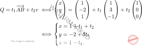 \[\begin{aligned} 	Q=t_1\overrightarrow{AB}+t_2 v\iff& 	 \begin{pmatrix} 	x\\y\\z 	\end{pmatrix}= 	\begin{pmatrix} 	1\\-2\\1 	\end{pmatrix} 	+t_1\begin{pmatrix} 	1\\3\\-1 	\end{pmatrix}+t_2 \begin{pmatrix} 	1\\0\\0 	\end{pmatrix}\\ 	\iff&\begin{cases} 	x=1+t_1+t_2\\ 	y=-2+3t_1\\ 	z=1-t_1. 	\end{cases} 	\end{aligned}\]