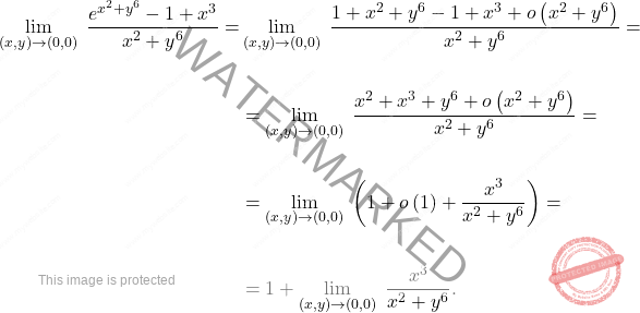 \[\begin{aligned} 	\lim_{(x,y)\to (0,0)} \;\dfrac{e^{x^2+y^6}-1+x^3}{x^2+y^6}=&\lim_{(x,y)\to (0,0)} \;\dfrac{1+x^2+y^6-1+x^3+o\left(x^2+y^6 \right)}{x^2+y^6}=\\\\ 	&=\lim_{(x,y)\to (0,0)} \;\dfrac{x^2+x^3+y^6+o\left(x^2+y^6 \right)}{x^2+y^6}=\\\\ 	&=\lim_{(x,y)\to (0,0)} \;\left(1+o\left(1\right)+\dfrac{x^3}{x^2+y^6}\right)=\\\\ 	&=1+\lim_{(x,y)\to (0,0)} \; 	\dfrac{x^3}{x^2+y^6}. 	\end{aligned}\]