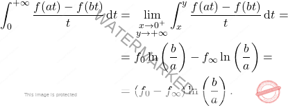 \[\begin{aligned} 	\int_0^{+\infty} \frac{f(at)-f(bt)}{t}\,\mathrm{d}t = {} & \lim_{\substack {x\to0^+\\y\to+\infty}} \int_x^y \frac{f(at)-f(bt)}{t}\,\mathrm{d}t = \\ 	= {} & f_0\ln\left(\frac{b}{a}\right)-f_{\infty}\ln\left(\frac{b}{a}\right) = \\ 	= {} & (f_0-f_{\infty})\ln\left(\frac{b}{a}\right). \end{aligned}\]