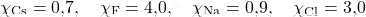 \[ \chi_{\text{Cs}} = \text{0,7}, \quad \chi_{\text{F}} = \text{4,0}, \quad \chi_{\text{Na}} = \text{0,9}, \quad \chi_{\text{Cl}} = \text{3,0} \]