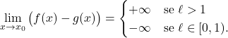 \begin{equation*} \lim_{x \to x_0} \big( f(x) - g(x) \big) = \begin{cases} + \infty		&	\text{se } \ell >1 \\ - \infty		&	\text{se } \ell \in [0,1). \end{cases} \end{equation*}