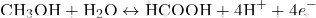 \[ \text{CH}_3\text{OH} + \text{H}_2\text{O} \leftrightarrow \text{HCOOH} + 4\text{H}^+ + 4e^- \]