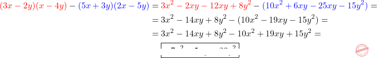 \[\begin{aligned} {\color{red}{	(3x-2y)(x-4y)}}-{\color{blue}{(5x+3y)(2x-5y)}} & = {\color{red}{3x^2-2xy-12xy+8y^2}} -{\color{blue}{(10x^2+6xy-25xy-15y^2)}}  = \\ 	& = 3x^2-14xy+8y^2 - (10x^2-19xy-15y^2) = \\ 	& = 3x^2-14xy+8y^2-10x^2+19xy+15y^2 = \\ 	& = \boxed{-7x^2+5xy+23y^2}. \end{aligned}\]