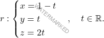 \[r: \begin{cases} x = 1 - t \\ y = t \\ z = 2t \end{cases}, \quad t \in \mathbb{R}.\]