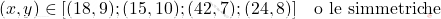 \[(x,y) \in [(18,9); (15,10); (42,7); (24,8)] \quad \mbox{o le simmetriche}\]