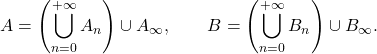 \begin{equation*} A= \left( \bigcup_{n=0}^{+\infty} A_n \right) \cup A_\infty, \qquad B= \left( \bigcup_{n=0}^{+\infty} B_n \right) \cup B_\infty. \end{equation*}