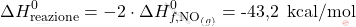\[ \Delta H_{\text{reazione}}^0 = -2 \cdot \Delta H_{f, \text{NO}_{(g)}}^0 =\text{-43,2  } \, \text{kcal/mol} \]