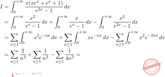 \[\begin{aligned} I &= \int_{0}^{+\infty}\frac{x(xe^x+e^x+1)}{e^{2x}-1}\,dx \\ &= \int_{0}^{+\infty}\frac{x^2}{e^{x}-1}\,dx+\int_{0}^{+\infty}\frac{x}{e^{x}-1}\,dx-\int_{0}^{+\infty}\frac{x^2}{e^{2x}-1}\,dx \\ &= \sum_{n\geq 1}\int_{0}^{+\infty}x^2 e^{-nx}\,dx+\sum_{n\geq 1}\int_{0}^{+\infty}x e^{-nx}\,dx-\sum_{n\geq 1}\int_{0}^{+\infty}x^2 e^{-2n x}\,dx \\ &= \sum_{n\geq 1}\frac{2}{n^3}+\sum_{n\geq 1}\frac{1}{n^2}-\sum_{n\geq 1}\frac{1}{4n^3} = \\ &= \color{red}{\frac{7}{4}\,\zeta(3)+\zeta(2)}. \end{aligned}\]