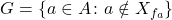 \begin{equation*} G = \{a \in A \colon a \notin X_{f_a}\} \end{equation*}