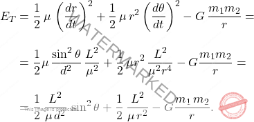 \[\begin{aligned} E_T&=\dfrac{1}{2}\,\mu\,\left(\dfrac{dr}{dt}\right)^2+\dfrac{1}{2}\,\mu\,r^2\left(\dfrac{d\theta}{dt}\right)^2-G\,\dfrac{m_1m_2}{r}=\\[10pt] &=\dfrac{1}{2}\mu\,\dfrac{\sin^2\theta}{d^2}\,\dfrac{L^2}{\mu^2}+\dfrac{1}{2}\,\mu r^2\,\dfrac{L^2}{\mu^2r^4}-G\dfrac{m_1m_2}{r}=\\[10pt] &=\dfrac{1}{2}\,\dfrac{L^2}{\mu\,d^2}\,\sin^2\theta+\dfrac{1}{2}\,\dfrac{L^2}{\mu\,r^2}-G\dfrac{m_1\,m_2}{r}. \end{aligned}\]