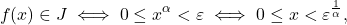 \begin{equation*} f(x) \in J \iff 0 \leq x^\alpha < \varepsilon \iff 0 \leq x < \varepsilon^{\frac{1}{\alpha}}, \end{equation*}