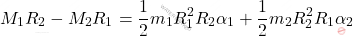 \begin{equation*}  M_1 R_2 - M_2 R_1 = \dfrac{1}{2}m_1 R_1^2 R_2\alpha_1 + \dfrac{1}{2} m_2 R_2^2 R_1 \alpha_2 \end{equation*}