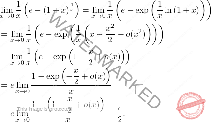\[\begin{aligned} &\lim_{x\to0}\dfrac{1}{x}\left(e-\left(1+x \right)^{\frac{1}{x}} \right)  = \lim_{x\to0}\dfrac{1}{x}\left(e-\exp\left(\dfrac{1}{x}\ln\left(1+x\right)\right)\right) \\ &= \lim_{x\to0} \dfrac{1}{x}\left(e-\exp\left(\frac{1}{x}\left(	x-\frac{x^2}{2} +o(x^2)\right)\right) \right) \\ &= \lim_{x\to0}\dfrac{1}{x}\left(e-\exp\left(1-\frac{x}{2}+o(x)\right) \right) \\ &= e\lim_{x\to0}\dfrac{1-\exp\left(-\dfrac{x}{2}+o(x)\right)}{x} \\ &= e\lim_{x\to 0}\dfrac{1-\left(1-\dfrac{x}{2}+o(x)\right)}{x} = \dfrac{e}{2}. \end{aligned}\]