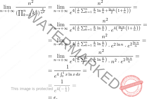 \[\begin{aligned} 	\lim_{n \rightarrow +\infty}\dfrac{n^2}{\left(\prod_{k=1}^{n}k^k\right)^{\frac{4}{n^2}}} 	&= 	\lim_{n \rightarrow +\infty}\dfrac{n^2}{e^{4\left( \frac{1}{n}\sum_{k=1}^{n}\frac{k}{n}\ln \frac{k}{n}+\frac{\ln n }{2}\left(1+\frac{1}{n}\right)\right)}}=\\ 	&=\lim_{n \rightarrow +\infty}\dfrac{n^2}{e^{4\left( \frac{1}{n}\sum_{k=1}^{n}\frac{k}{n}\ln \frac{k}{n}\right)}\cdot e^{4\left( \frac{\ln n }{2}\left(1+\frac{1}{n}\right)\right)}}= 	\\ 	&= 	\lim_{n\rightarrow +\infty}\dfrac{n^2}{e^{4\left( \frac{1}{n}\sum_{k=1}^{n}\frac{k}{n}\ln \frac{k}{n}\right)}\cdot e^{2\ln n}\cdot e^{2\frac{\ln n }{n}}}=\\ 	&= \lim_{n\rightarrow +\infty}\dfrac{n^2}{e^{4\left( \frac{1}{n}\sum_{k=1}^{n}\frac{k}{n}\ln \frac{k}{n}\right)}\cdot n^2\cdot e^{2\frac{\ln n }{n}}}= 	\\ 	&= 	\dfrac{1}{e^{4\int_{0}^{1}x \ln x \,dx}}= 	\\ 	&= 	\dfrac{1}{e^{4\left(-\frac{1}{4}\right)}}= 	\\ 	&= 	e. \end{aligned}\]