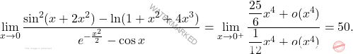 \[\displaystyle \lim_{x\to0} \dfrac{\sin^2(x+2x^2)-\ln (1+x^2+4x^3)}{e^{-\frac{x^2}{2}}-\cos x}=\lim_{x\to 0^+}\dfrac{\dfrac{25}{6}x^4+o(x^4)}{\dfrac{1}{12}x^4+o(x^4)}=50.\]