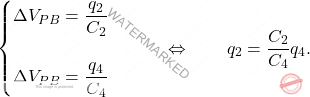 \begin{equation*} \begin{cases} 	\Delta V_{PB}=\dfrac{q_2}{C_2}\\\\	 	\Delta V_{PB}=\dfrac{q_4}{C_4} \end{cases}  \qquad\Leftrightarrow\qquad q_2={C_2\over C_4}q_4. \end{equation*}