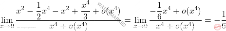 \[ \lim_{x \to 0} \frac{x^2 - \dfrac{1}{2}x^4 - x^2 + \dfrac{x^4}{3} + o(x^4)}{x^4 + o(x^4)} = \lim_{x \to 0} \frac{-\dfrac{1}{6} x^4 + o(x^4)}{x^4 + o(x^4)} = -\frac{1}{6} \]