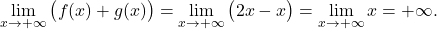 \begin{equation*} \lim_{x \to +\infty} \big( f(x)+g(x)\big) = \lim_{x \to +\infty} \big( 2x-x\big) = \lim_{x \to +\infty} x = +\infty. \end{equation*}