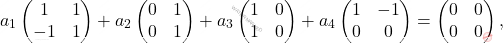 \[a_1  	\begin{pmatrix} 	1 & 1\\ 	-1 & 1 	\end{pmatrix}+ 	a_2  	\begin{pmatrix} 	0 & 1\\ 	0 & 1 	\end{pmatrix}+ 	a_3 	\begin{pmatrix} 	1 & 0\\ 	1 & 0 	\end{pmatrix}+ 	a_4 \begin{pmatrix} 	1 & -1\\ 	0 & 0 	\end{pmatrix}= 	\begin{pmatrix} 	0 & 0\\ 	0 & 0 	\end{pmatrix},\]