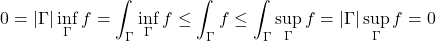 \[0 = |\Gamma | \inf_\Gamma f = \int_\Gamma  \inf_\Gamma f \leq  \int_\Gamma f \leq \int_\Gamma \sup_\Gamma f =|\Gamma | \sup_\Gamma f = 0\]