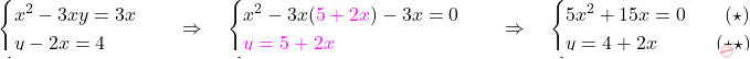 \[\begin{aligned} \begin{cases} 				x^2-3xy=3x\\ y-2x=4 	\end{cases} \quad \Rightarrow \quad \begin{cases} 		x^2 - 3x ({\color{magenta}{5+2x}}) -3x=0\\ 		{\color{magenta}{y=5+2x}} 	\end{cases}\quad \Rightarrow \quad  	\begin{cases} 		5x^2+15x=0 \qquad (\star)\\ 		y=4+2x\quad \qquad (\star\star) 	\end{cases} \end{aligned}\]