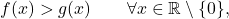 \begin{equation*} f(x)> g(x) \qquad \forall x \in \mathbb{R} \setminus \{0\}, \end{equation*}