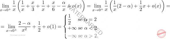 \[\begin{aligned}  &\lim_{x \to 0^+} \frac{1}{x} \left( \frac{1}{x} + \frac{x}{3} + \frac{1}{x} + \frac{x}{6} - \frac{\alpha}{x} + o(x) \right)  =\lim_{x \to 0^+} \frac{1}{x} \left( \frac{1}{x} (2 - \alpha) + \frac{1}{2} x + o(x) \right) = \\ &=\lim_{x\to0^+}\frac{2-\alpha}{x^2}+\frac{1}{2}+o(1)=\begin{cases}      \dfrac{1}{2}\quad \text{ se } \alpha = 2  \\    +\infty \text{ se } \alpha < 2 \\    -\infty \text{ se }  \alpha > 2 . \end{cases} \end{aligned}\]