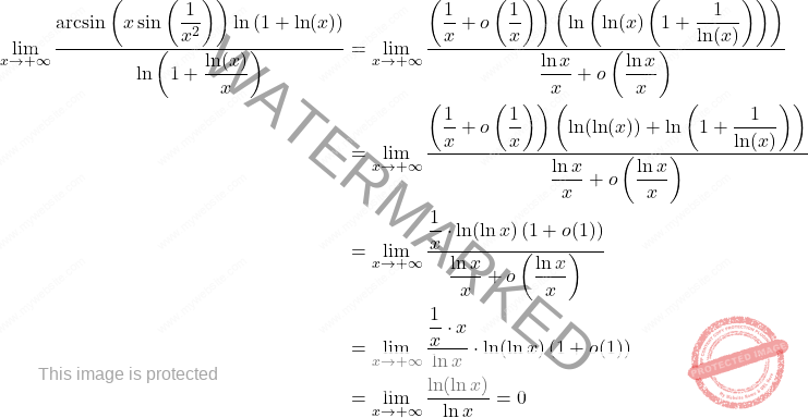 \[\begin{aligned}     \lim_{x \to +\infty} \frac{\arcsin \left( x \sin \left( \dfrac{1}{x^2} \right) \right) \ln \left( 1 + \ln(x) \right)}{\ln \left( 1 + \dfrac{\ln(x)}{x} \right)}     &= \lim_{x \to +\infty} \frac{\left( \dfrac{1}{x} + o \left( \dfrac{1}{x} \right) \right) \left( \ln\left(\ln(x)\left( 1 + \dfrac{1}{\ln(x)} \right)\right) \right)}{\dfrac{\ln x}{x} + o\left( \dfrac{\ln x}{x} \right)} \\ &= \lim_{x \to +\infty} \frac{\left( \dfrac{1}{x} + o \left( \dfrac{1}{x} \right) \right) \left( \ln(\ln(x)) + \ln \left( 1 + \dfrac{1}{\ln(x)} \right) \right)}{\dfrac{\ln x}{x} + o\left( \dfrac{\ln x}{x} \right)} \\     &= \lim_{x \to +\infty} \frac{\dfrac{1}{x} \cdot \ln (\ln x) \left( 1 + o(1) \right)}{\dfrac{\ln x}{x} + o \left( \dfrac{\ln x}{x} \right)} \\     &= \lim_{x \to +\infty} \frac{\dfrac{1}{x} \cdot x}{\ln x} \cdot \ln (\ln x) \left( 1 + o(1) \right) \\     &= \lim_{x \to +\infty} \frac{\ln (\ln x)}{\ln x} = 0 \end{aligned}\]