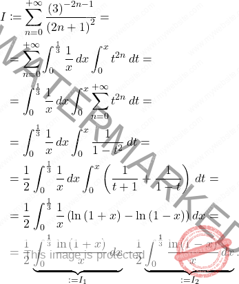 \[\begin{aligned} 		I 		&\coloneqq 		\sum_{n=0}^{+\infty}\dfrac{\left(3\right)^{-2n-1}}{\left(2n+1\right)^2}= 		\\ 		&= 		\sum_{n=0}^{+\infty}\int_{0}^{\frac{1}{3}}\dfrac{1}{x}\,dx\int_{0}^{x}t^{2n}\,dt= 		\\ 		&= 		\int_{0}^{\frac{1}{3}}\dfrac{1}{x}\,dx\int_{0}^{x}\sum_{n=0}^{+\infty}t^{2n}\,dt=\\ 		&=\int_{0}^{\frac{1}{3}}\dfrac{1}{x}\,dx\int_{0}^{x}\dfrac{1}{1-t^2}\,dt= 		\\ 		&= 		\dfrac{1}{2}\int_{0}^{\frac{1}{3}}\dfrac{1}{x}\,dx\int_{0}^{x}\left(\dfrac{1}{t+1}+\dfrac{1}{1-t}\right)\,dt=\\ 		&=\dfrac{1}{2}\int_{0}^{\frac{1}{3}}\dfrac{1}{x}\left(\ln\left(1+x\right)-\ln\left(1-x\right)\right)dx=\\ 		&=\dfrac{1}{2}\underbrace{\int_{0}^{\frac{1}{3}}\dfrac{\ln\left(1+x\right)}{x}\,dx}_{:=I_1}-	\dfrac{1}{2}\underbrace{\int_{0}^{\frac{1}{3}}\dfrac{\ln\left(1-x\right)}{x}\,dx}_{:=I_2}. 	\end{aligned}\]