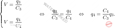 \begin{equation*} 	\begin{cases} 	V=\dfrac{q_3}{C_3}\\\\ 	V=\dfrac{q_4}{C_4} 	\end{cases} \qquad\Leftrightarrow \quad {q_3\over C_3}={q_4\over C_4} \quad\Leftrightarrow\quad q_4={C_4\over C_3}q_3. \end{equation*}