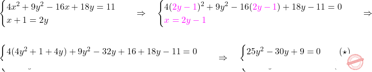 \[\begin{aligned} 	& \begin{cases} 				4x^2+9y^2-16x+18y=11\\ x+1=2y 	\end{cases} \quad \Rightarrow \quad \begin{cases} 		4 ({\color{magenta}{2y-1}})^2 + 9y^2 - 16 ({\color{magenta}{2y-1}}) + 18y - 11 = 0\\ 		{\color{magenta}{x=2y-1}} 	\end{cases}\quad \Rightarrow \quad \\\\ &	\begin{cases} 		4 (4y^2+1+4y) + 9y^2 - 32y + 16 + 18 y - 11 = 0\\ 		x=2y-1 	\end{cases}  \quad \Rightarrow \quad \begin{cases} 		25y^2 - 30y + 9 = 0 \qquad (\star)\\ 		x=2y-1\qquad \quad \qquad (\star \star). 	\end{cases}  \end{aligned}\]